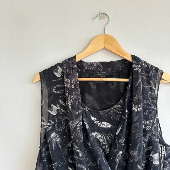 ALLSAINTS Abi Somnium Asymmetrical Draped Botanical Print Top Black 10 - Picture 4 of 11